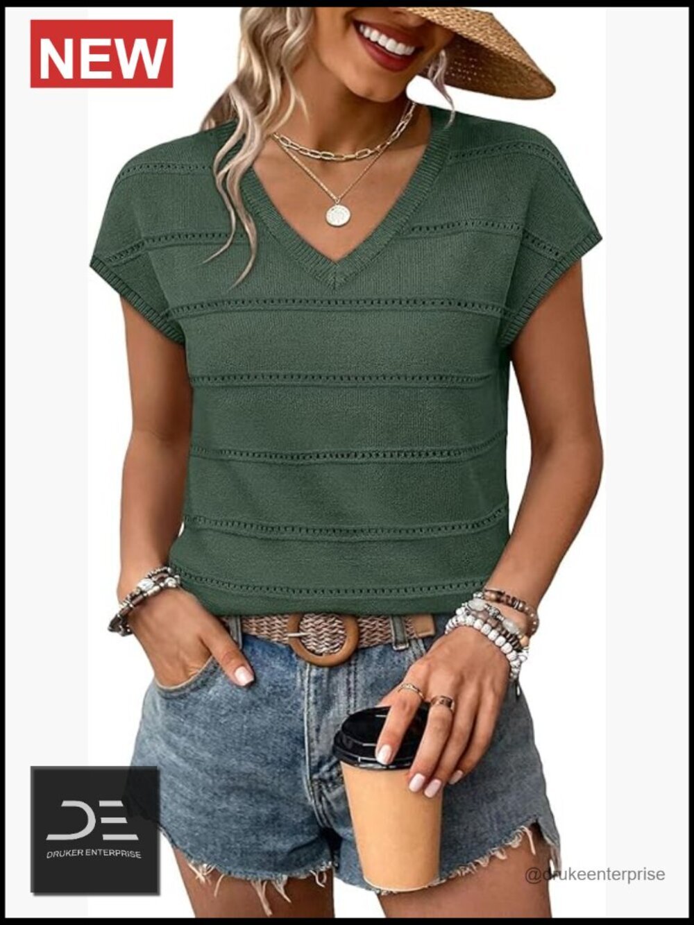 Short Sleeve V Neck Sweater Cap Sleeve Pullover Hollow-Out Knit Work